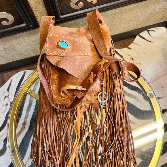 Western leather fringe turquoise stone flap crossbody - Picture 2 of 7